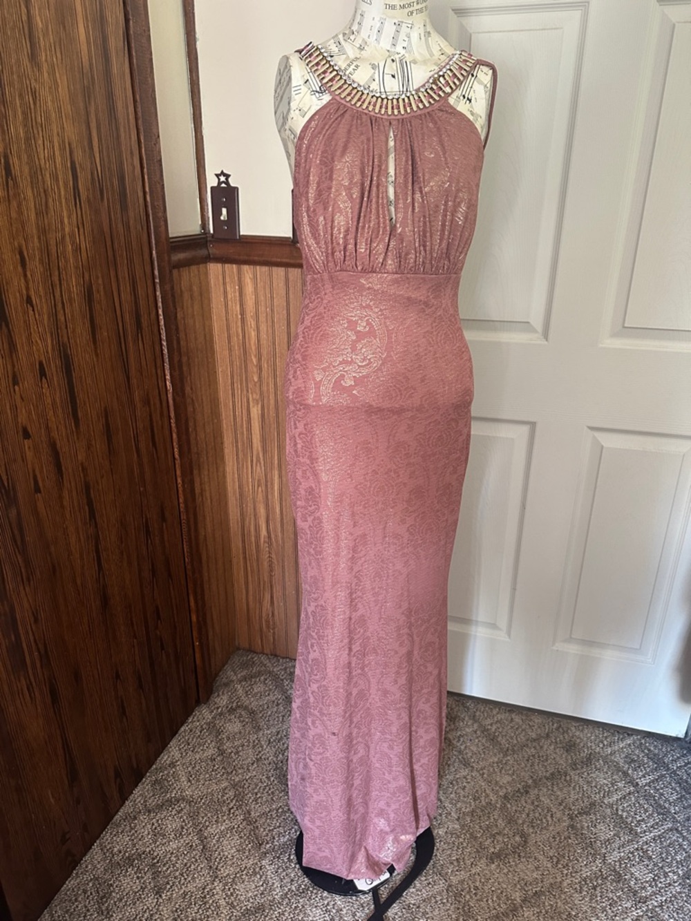 Fawn Design Dusty Rose Beaded Halter Backless Gown